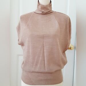Heathered Beige Paper Thin Cashmere Cap-Sleeve Turtleneck Fine Knit Sweater, L